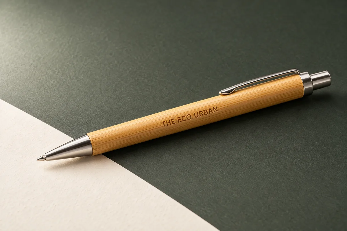 Natural bamboo pen on a green studio surface