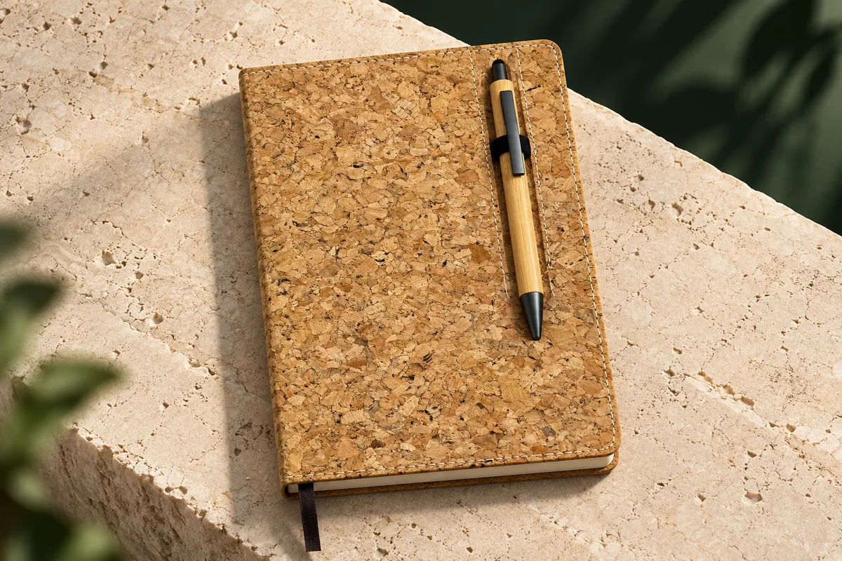 Cork diary with bamboo pen in a studio composition