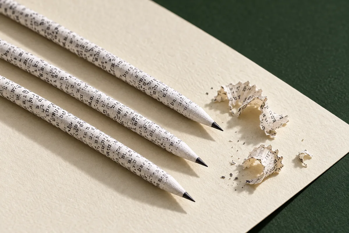 Recycled newspaper pencils and paper shavings
